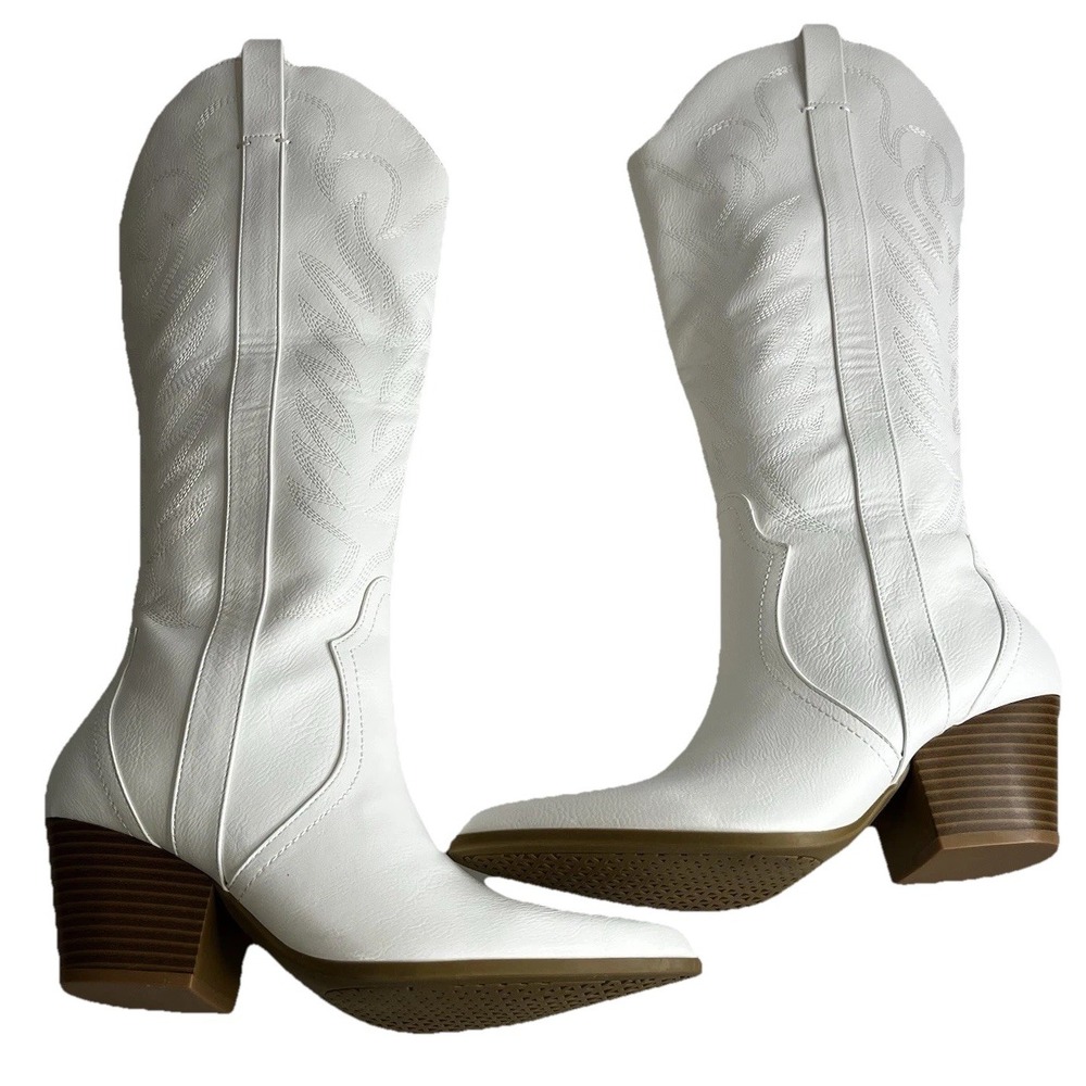 Arromic White Cowgirl Boots Embroidered Western Knee High Pointed Toe Size‎ 8.5 - Picture 4 of 9